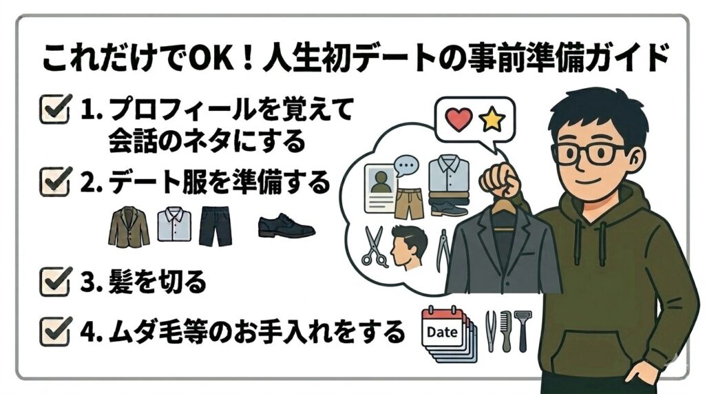 これだけでOK!人生初デートの事前準備ガイド
プロフィールを覚えて会話のネタにする
デート服を準備する
髪を切る
ムダ毛等のお手入れをする
を陰キャが説明している。