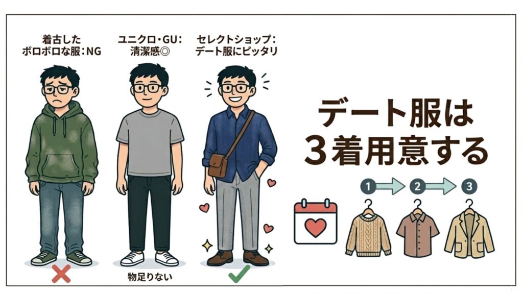 デート服二お薄めなショプや、デート服は3着用意することをおすすめする陰キャのイラスト
