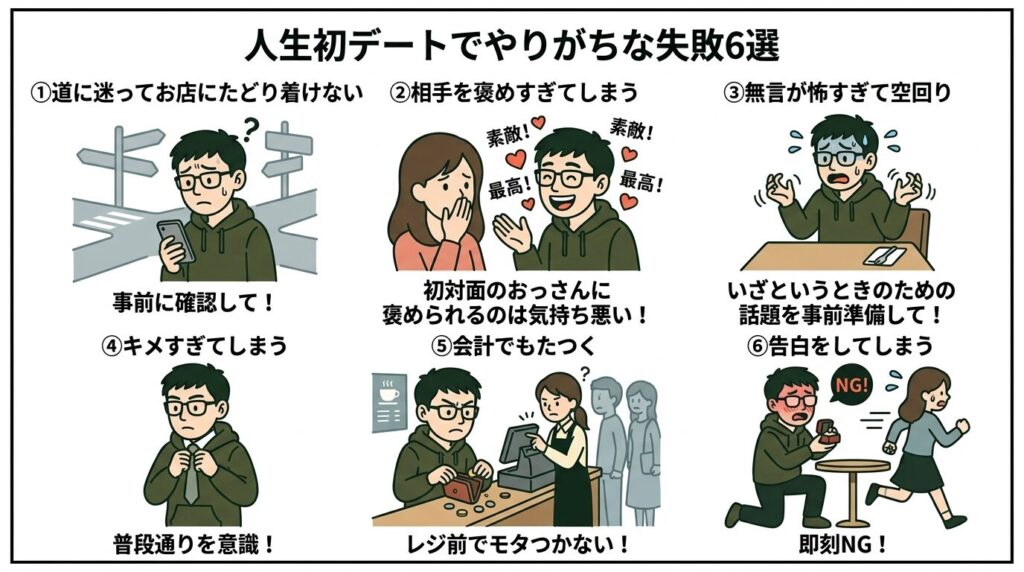 人生初デートでやりがちな失敗6選についての説明。内容は以下。
①道に迷ってお店にたどり着けない
②相手を褒めすぎてしまう
③無言が怖すぎて空回り
④キメすぎてしまう
⑤会計でもたつく
⑥告白をしてしまう