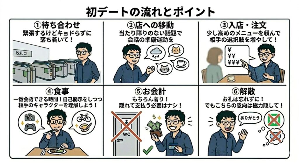 初デートの流れとポイント
①待ち合わせ:緊張するけどキョドらずに落ち着いて!
②店への移動:当たり障りのない話題で会話の準備運動を
③入店・注文:少し高めのメニューを頼んで相手の選択肢を増やして!
④食事:一番会話できる時間!自己開示をしつつ相手のキャラクターを理解しよう!
⑤お会計:もちろん奢り!隠れて支払う必要はナシ!
⑥解散:お礼は忘れずに!でもこちらの意向は極力隠して!