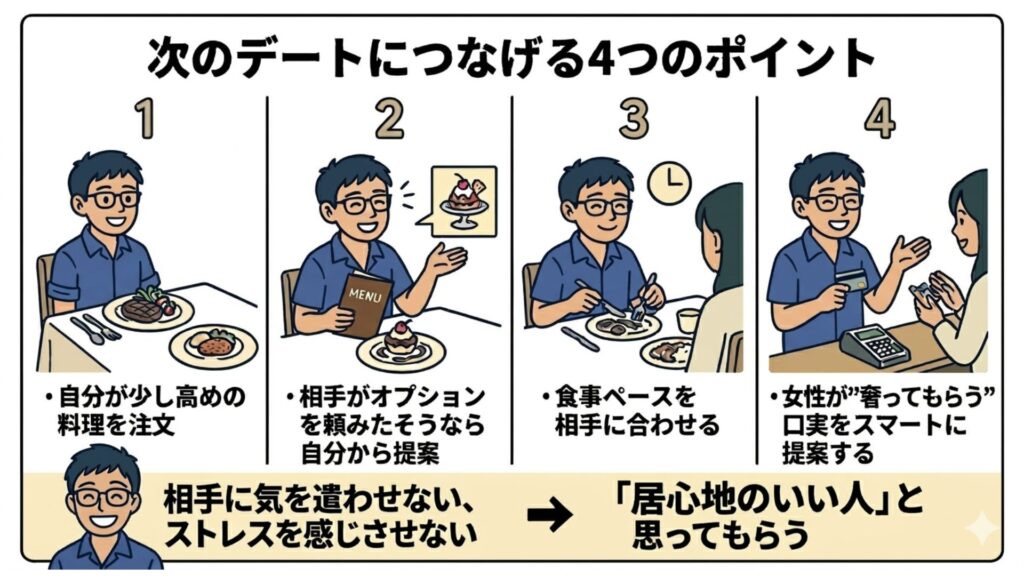 次のデートにつなげる4つのポイント
・自分が少し高めの料理を注文
・相手がオプションを頼みたそうなら自分から提案
・食事ペースを相手に合わせる
・女性が”奢ってもらう”口実をスマートに提案する
→相手に気を遣わせない、ストレスを感じさせない
→「居心地のいい人」と思ってもらう